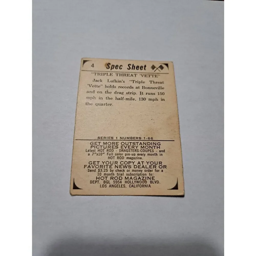 Vintage 1965 Hot Rod Magazine #4 Triple Threat Vette Jack Lufkin Trading Card